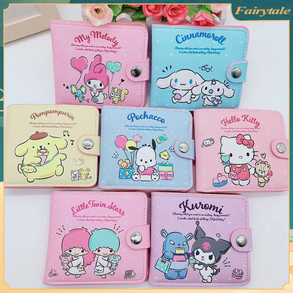 sanrio-pu-กระเป๋าสตางค์พับลำลองพร้อมปุ่ม-kawaii-cinnamoroll-my-melody-kuromi-กระเป๋าเงินกระเป๋าเงินเหรียญผู้ถือบัตรของขวัญแฟชั่นการจัดเก็บ