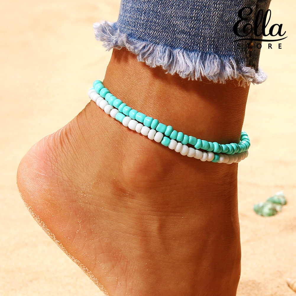 ellastore123-สร้อยข้อเท้า-ประดับลูกปัด-สองชั้น-สําหรับผู้หญิง