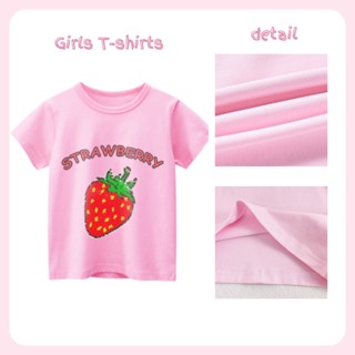 เสื้อยืดคอกลม แขนสั้น ผ้าฝ้าย ประดับเลื่อม ลายสตรอเบอร์รี่น่ารัก สวมใส่สบาย แฟชั่นฤดูร้อน สําหรับเด็กผู้หญิง 2023