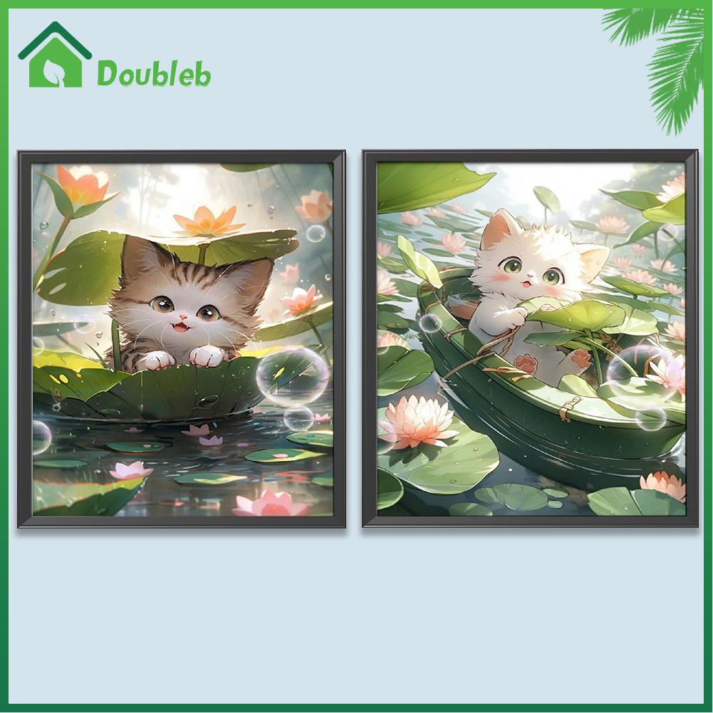 doub-x-ภาพวาดปักเพชร-ทรงกลม-ลายแมวในบ่อดอกบัว-5d-diy-สําหรับตกแต่งบ้าน