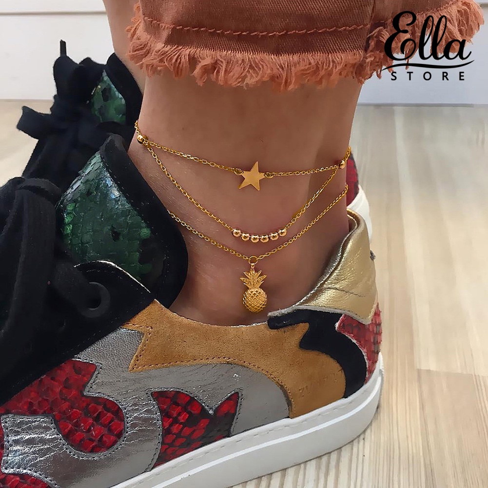 ellastore123-สร้อยข้อเท้า-ลูกปัดสับปะรด-ดาว-หลายชั้น-เครื่องประดับชายหาด-สําหรับผู้หญิง