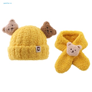 Yu ชุดหมวกผ้าพันคอ ผ้ากํามะหยี่ขนนิ่ม ลายการ์ตูนหมีน่ารัก กันความหนาว สําหรับเด็กทุกเพศ ทุกวัย