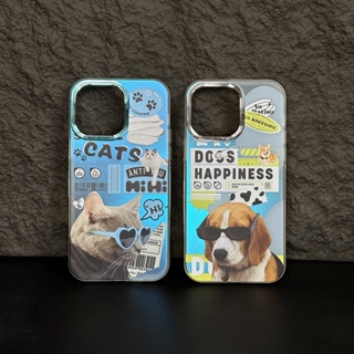 3in1 เคสโทรศัพท์มือถือ ผิวด้าน ลายสัตว์เลี้ยง สุนัข แมวน่ารัก สีฟ้าอ่อน สําหรับ iPhone 15 14 Pro Max 13 12 Pro Max 11