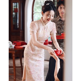 ใหม่ชุดราตรีลูกไม้แขนสั้นสไตล์จีนโฮสต์นักเรียนคอนเสิร์ตความยาวกลางชุดสีชมพู