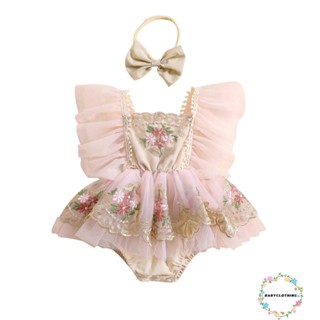 Babyclothes- ชุดรอมเปอร์ ปักลายดอกไม้ พร้อมโบว์ ที่คาดผม ฤดูร้อน สําหรับเด็กทารกแรกเกิดผู้หญิง