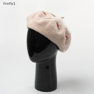 [Firefly] หมวกเบเร่ต์ ผ้าวูล ปักลายกระต่าย กระรอก ใบไม้ สไตล์เกาหลี สําหรับฤดูหนาว [TH]