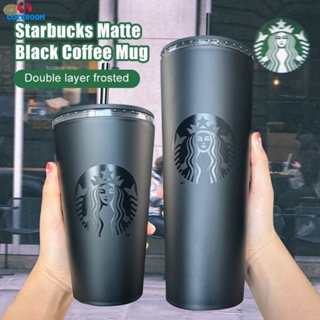 Starbucks Tumbler Matte Black Coffee Cup แก้วฟางฝ้าสองชั้นแบบใช้ซ้ำได้ cynthia