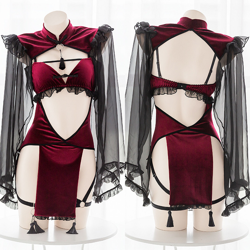 GPunk Gothic Black Red Lace Sexy Lingerie for Women Maid Temptation Cute  Evil Demon Cosplay Sleepwear Set Halloween Cost