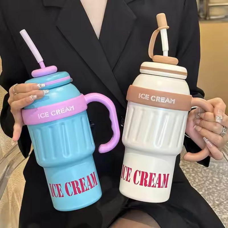 แก้วเก็บความเย็น 1000 ml. สแตนเลส 304 เก็บเย็น ice cream-bully  Food Grade พร้อมหลอดซิลิโคนพร้อมด้ามจับ B0226
