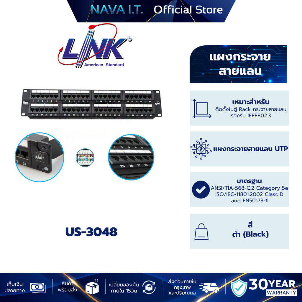 LINK US-3048 PATCH PANEL 48 PORT CAT5E | Shopee Thailand
