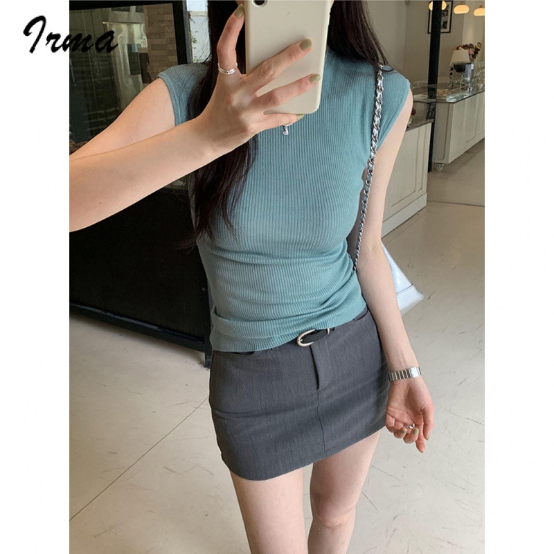 ครึ่งคอเต่าผ้าไหมน้ำแข็งถักไหล่แขนสั้นเสื้อยืดผู้หญิงฤดูร้อน SLIM FIT ...