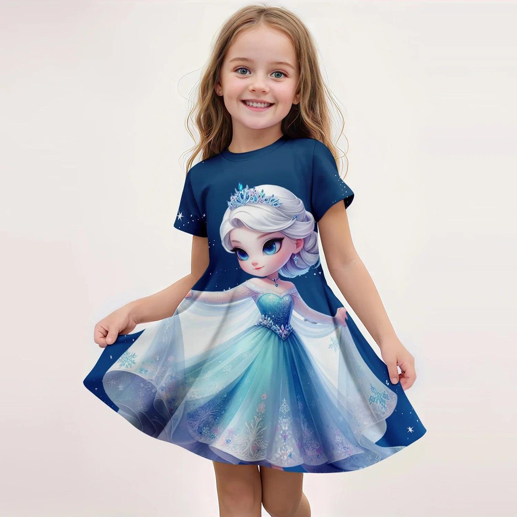 Disney Ice And Snow Romance Princess Elsa Summer Girl Dress เสื้อผ้า ...