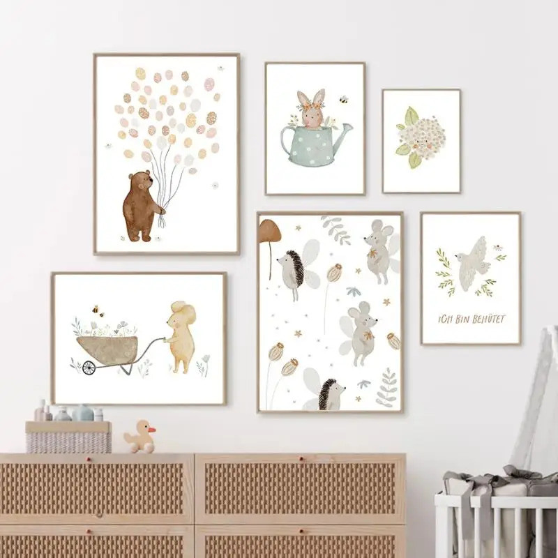 Boho Cartoon Farm Posters Prints Featuring Rabbit, Bear, Balloon ...