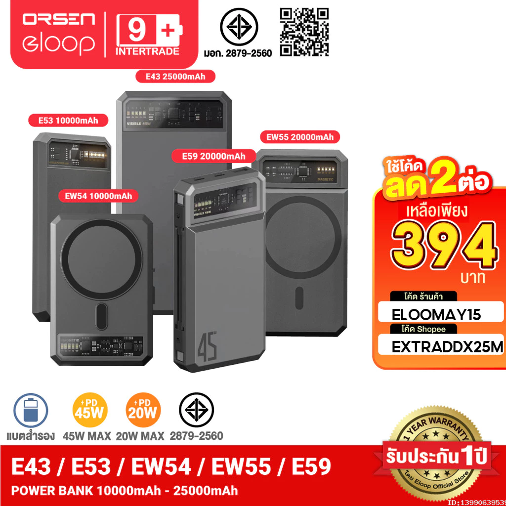 [394บ. โค้ดคุ้ม] Orsen by Eloop E53 E59 EW54 EW55 E43 MagCharge แบตสำรอง ไร้สาย ชาร์จเร็ว 20W 45W PPS UFCS QC3.0 PD
