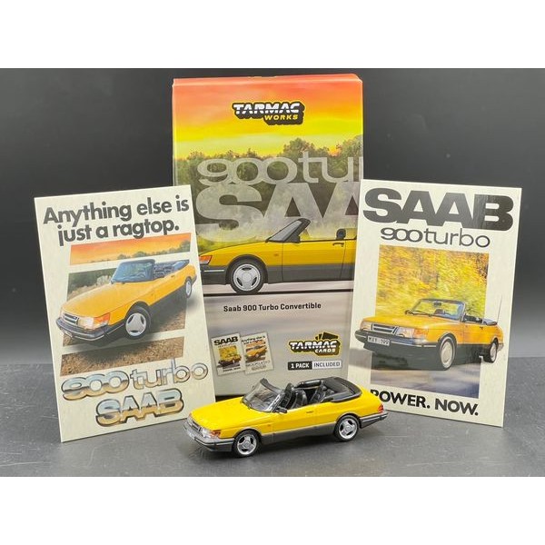 Modèle Réduit SAAB 900 Turbo Cabriolet Jaune 1:64 - Tarmac Works, Neuf Avec Cartes, Référence T64G-067-YE