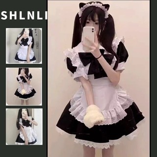 Mùa hè ngọt ngào dễ thương, cosplay nội trợ bộ váy nơ dành cho phụ nữ Nhật, cổ tròn tay ngắn, eo thắt váy ngắn nhẹ.