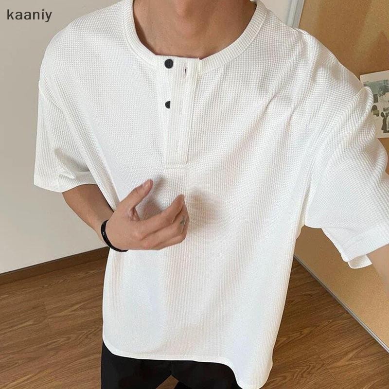 [KAN] American Style Henley Collar เสื้อยืดแขนสั้นสำหรับผู้ชายน้ำหนัก ...