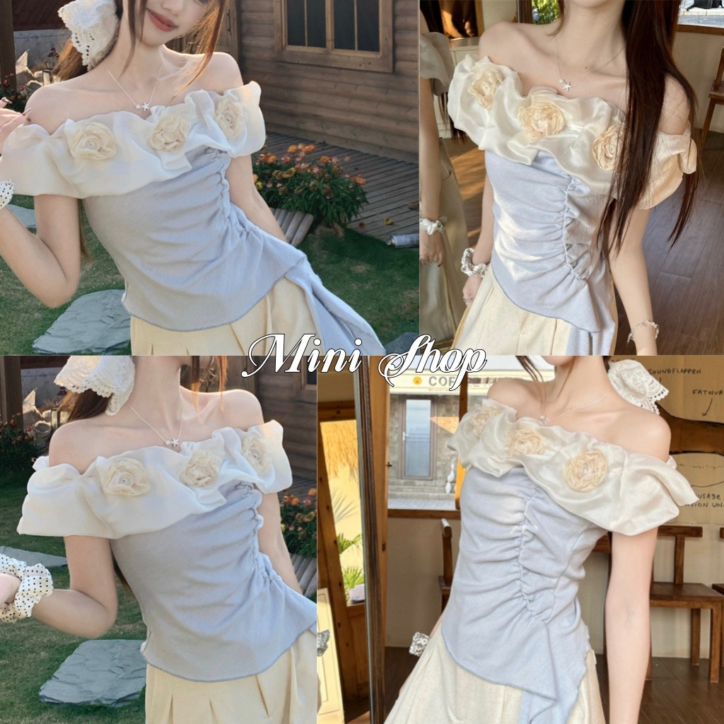 Mini shop🌸พร้อมส่ง🌸(56516)ใหม่ 2025 เสื้อไหมพรม ผู้หญิง เปิดไหล่แขนสั้น ...