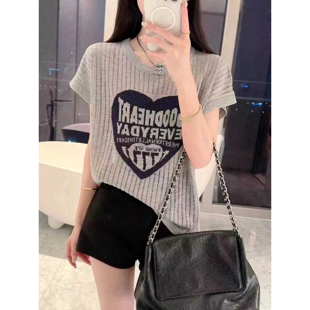 แขนสั้นผ้าไหมน้ำแข็งถักด้านบนผู้หญิง 0 หลวมลายตัวอักษรสีเสื้อยืด จุด ...