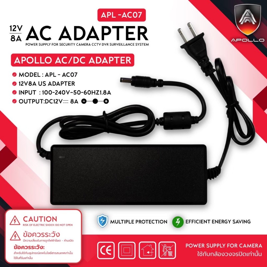 อะแดปเตอร์ หัว5.5x2.5mm Apollo Adapters 12V8A สำหรับสำหรับกล้องวงจรปิด ...