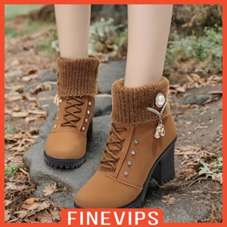 [Finevips] รองเท้าบูท ส้นสูง หัวกลม มีซิป ปิดข้อเท้า แฟชั่นฤดูใบไม้ร่วง ฤดูหนาว สําหรับผู้หญิง