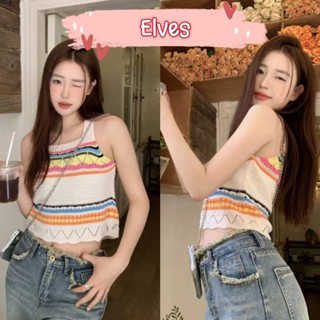 Elves✨พร้อมส่ง✨ เสื้อกล้ามถักไหมพรม ดีเทลถักลายทางสีสัน ~94177~ -C