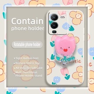 Cartoon Anti-fall Phone Case For VIVO S15 5G Skin-friendly feel Liquid silicone shell Rotatable stand Glitter Simplicity cute