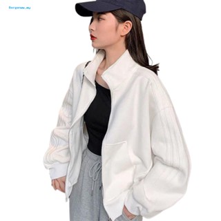 Bergenww_ เสื้อแจ็กเก็ต มีซิป สีพื้น ใส่สบาย เหมาะกับฤดูใบไม้ร่วง และฤดูหนาว สําหรับผู้หญิง