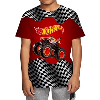 เสื้อยืดแขนสั้น พิมพ์ลาย Monster Truck Hot Wheels สําหรับเด็กผู้ชาย