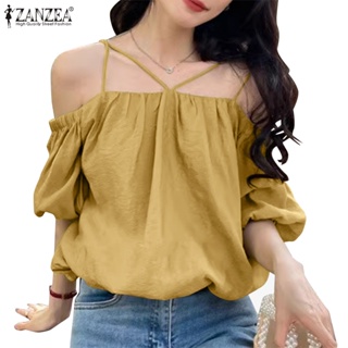 Zanzea Celmia เสื้อเบลาส์ เปิดไหล่ แขนครึ่ง สายคล้องสปาเก็ตตี้ ทรงหลวม สไตล์สตรีท สําหรับผู้หญิง