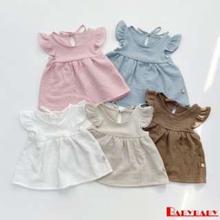 Babybaby- เด็กผู้หญิง สีพื้น แขนระบาย เสื้อยืด และกางเกงขาสั้น ลําลอง ยืดหยุ่น