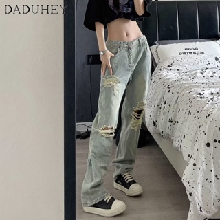 DaDuHey🎈 New American Style High Street Ins Retro Washed Jeans Womens Niche High Waist Loose Hole Wide Leg Plus Size Pants