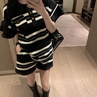 KTWE PRA * A 2023 spring and summer new triangle logo decorative top shorts striped polo flying sleeve suit for women Leisure