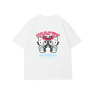 ราคาถูก เวอร์ชั่นเกาหลีของ Sanrio Hello Kitty เสื้อยืดคอกลมพิมพ์ลายการ์ตูนหัวกะโหลกผู้หญิงฤดูร้อนแขนสั้นด้านบน เสื้อคู่