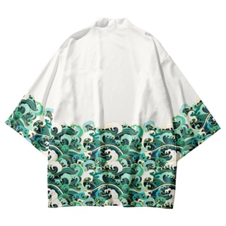 เสื้อคลุมกิโมโน พิมพ์ลายคลื่น Ukiyo-E ดิจิทัล 3 มิติ แบบดั้งเดิม สไตล์ญี่ปุ่น แนวสตรีท สําหรับผู้ชาย และผู้หญิง