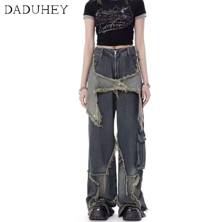 daduhey-new-american-style-ins-high-street-stitching-ripped-jeans-niche-high-waist-wide-leg-large-size-pants