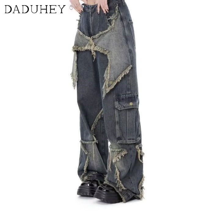 daduhey-new-american-style-ins-high-street-stitching-ripped-jeans-niche-high-waist-wide-leg-large-size-pants
