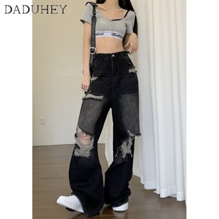 DaDuHey🎈 Women American Style Retro Slim Hot Girl Retro Intense Plus Size Ripped Straight Jeans Slimming Casual Wide Leg Pants