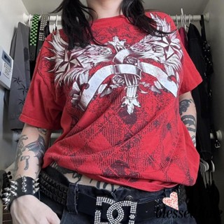 Blessedtime- เสื้อยืดลําลอง แขนสั้น คอกลม ทรงหลวม พิมพ์ลาย สไตล์โกธิค วินเทจ แฟชั่นฤดูร้อน สําหรับสตรี