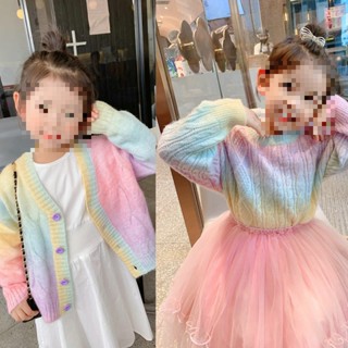 (เสื้อผ้าคริสต์มาส)เสื้อคาร์ดิแกน คอกลม ผ้าวูลถัก สีรุ้ง แฟชั่นฤดูใบไม้ร่วง และฤดูหนาว สไตล์เกาหลี สําหรับเด็กผู้หญิง 2023
