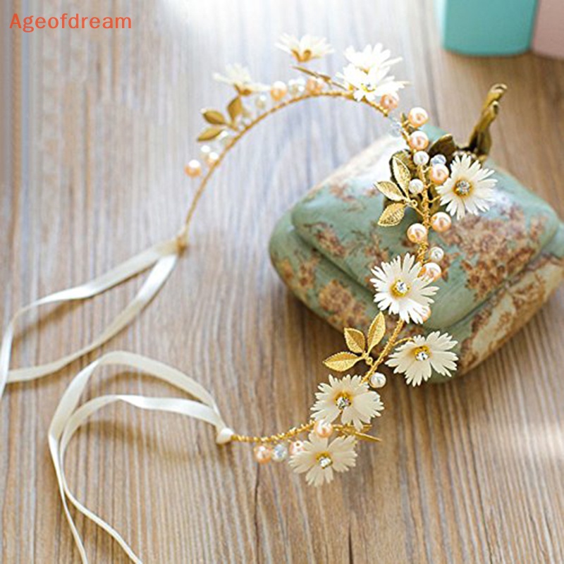 ageofdream-ใหม่-ที่คาดผม-ริบบิ้น-ดอกเดซี่-ใบไม้-สีทอง-ประดับมุก-สําหรับเจ้าสาว