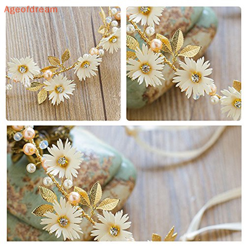 ageofdream-ใหม่-ที่คาดผม-ริบบิ้น-ดอกเดซี่-ใบไม้-สีทอง-ประดับมุก-สําหรับเจ้าสาว