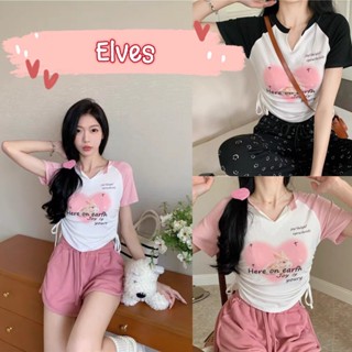 Elves✨พร้อมส่ง✨ เสื้อไหมพรมแขนสั้น ลายกระต่าย คอวีเล็กสีพาสเทล เสื้อทูโทน~3066~ -C