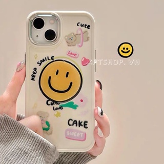 เคสโทรศัพท์มือถือแบบนิ่ม กันกระแทก ลายภาพวาดสีน้ํามัน รูปหมีหน้ายิ้ม พร้อมที่ตั้งวาง สําหรับ iPhone 15 14 13 12 11 Pro Max XR IX