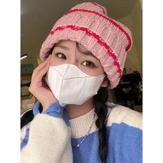 หมวก ผ้าวูล ทรงหลวม ขนาดใหญ่ ลายทาง สีชมพู แฟชั่นฤดูใบไม้ร่วง และฤดูหนาว สไตล์ญี่ปุ่น