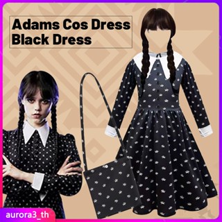 【ในการจัดส่ง】วันพุธ Addams เครื่องแต่งกายสำหรับเด็ก Murah พร้อมกระเป๋าและวิกผมหญิงชุดฮาโลวีนสำหรับเด็กผู้หญิง