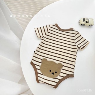 【Striped Bear-baby Clothing】ชุดจั๊มสูทรอมเปอร์ แขนสั้น ทรงสามเหลี่ยม ลายน่ารัก เหมาะกับฤดูร้อน สําหรับเด็กผู้ชาย