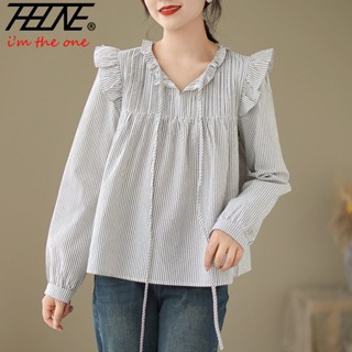 Thhone เสื้อเชิ้ตแขนยาวลําลอง ผ้าฝ้าย และผ้าลินิน ทรงหลวม ขนาดใหญ่ ลายทาง แฟชั่นฤดูใบไม้ร่วง และฤดูหนาว สไตล์วินเทจ สําหรับผู้หญิง 2023