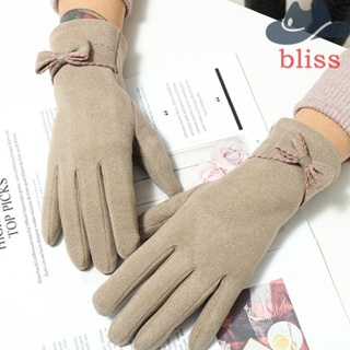 Bliss ถุงมือผู้หญิง อบอุ่น สบาย เต็มนิ้ว ป้องกันความเย็น สีพื้น โบว์ สไตล์เกาหลี ถุงมือ