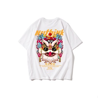 เสื้อยืดแขนสั้นลําลอง คอกลม ทรงหลวม ลายหัวสิงโต อินเทรนด์จีน เหมาะกับฤดูร้อน สําหรับผู้ชาย และคู่รัก
